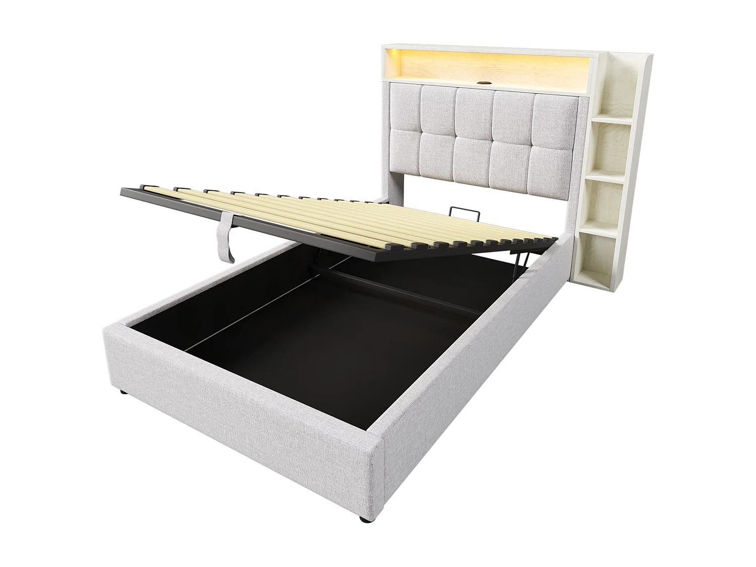 Lit coffre 90x200 cm avec LED, USB ,Type-C et rangement - Tissu lin beige