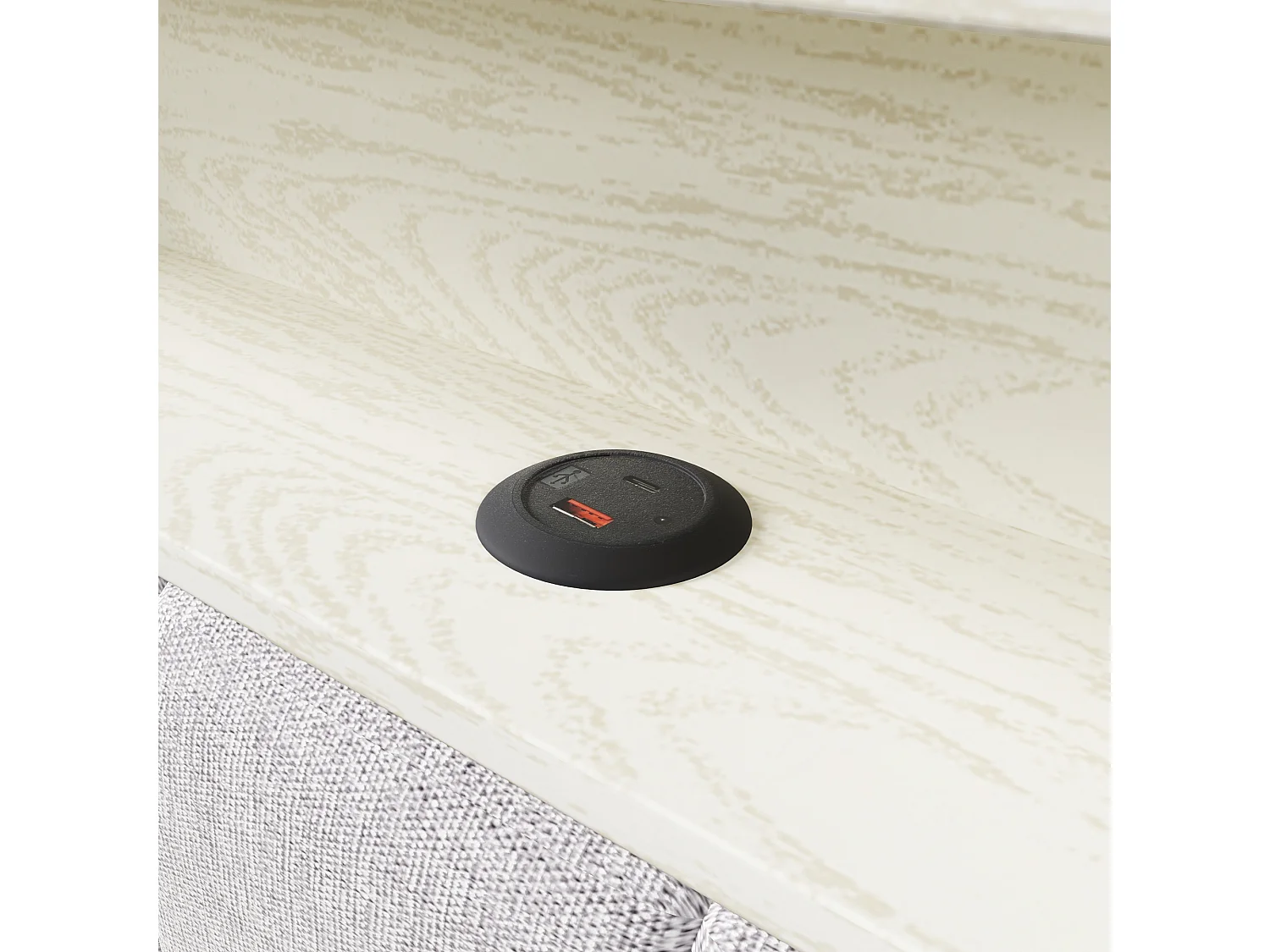 Lit coffre 90x200 cm avec LED, USB ,Type-C et rangement - Tissu lin beige