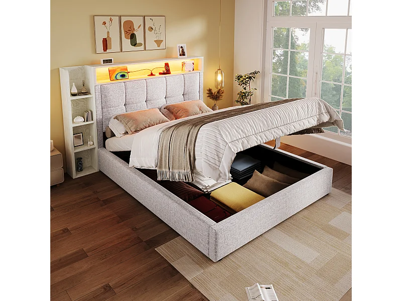Opbergbed 90x200 cm met LED, USB, Type-C en opbergruimte - Beige linnen stof