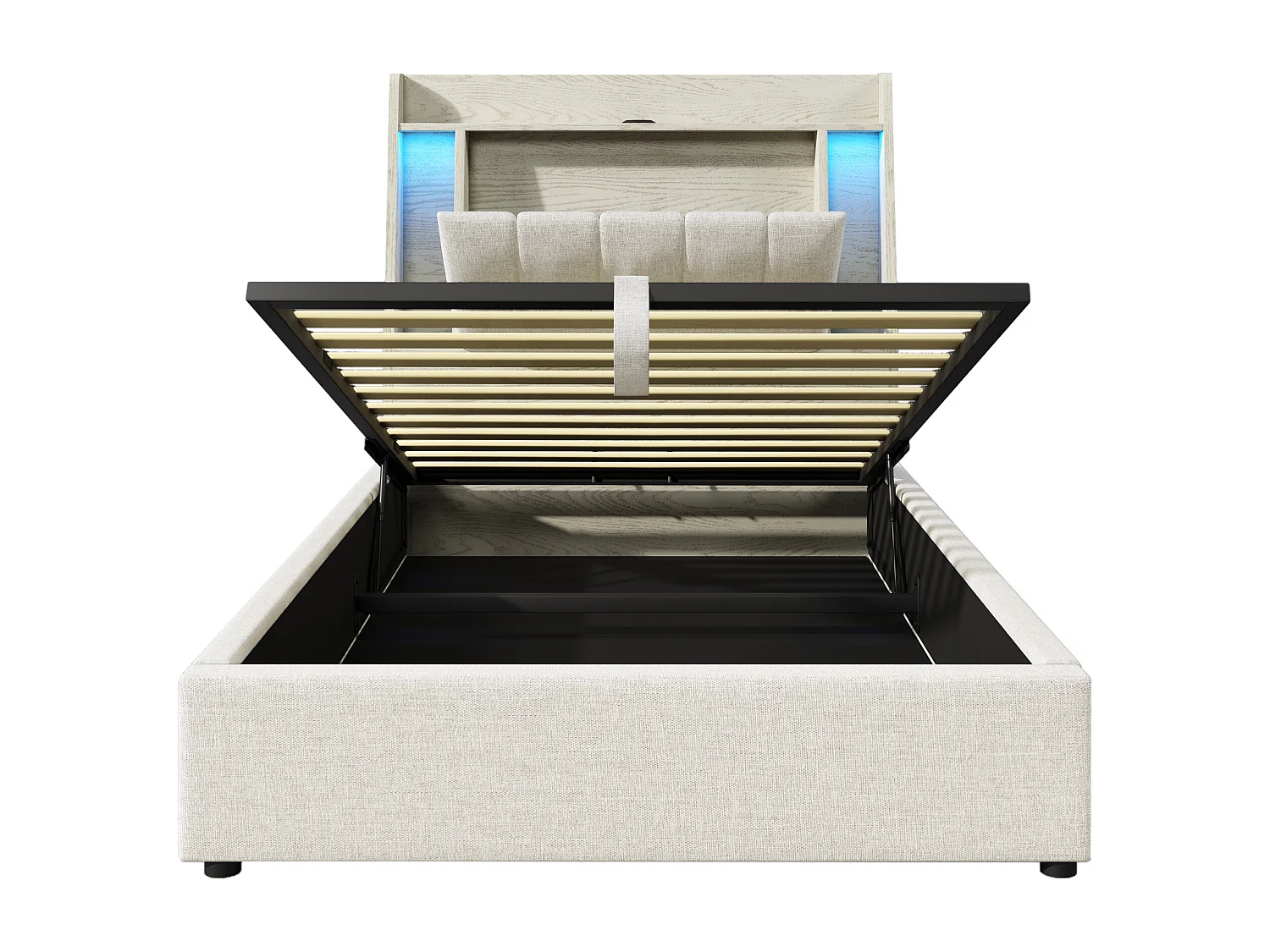 Opbergbed 90x200 cm met LED-, USB- en Type-C-poorten - Opvouwbaar hoofdeinde met opbergruimte - Beige linnen stof