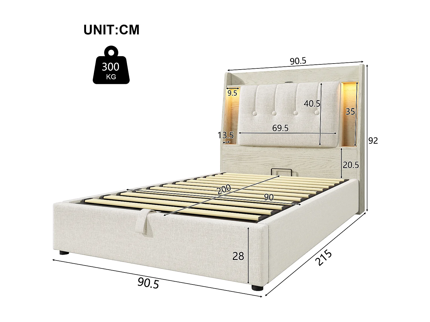 Opbergbed 90x200 cm met LED-, USB- en Type-C-poorten - Opvouwbaar hoofdeinde met opbergruimte - Beige linnen stof