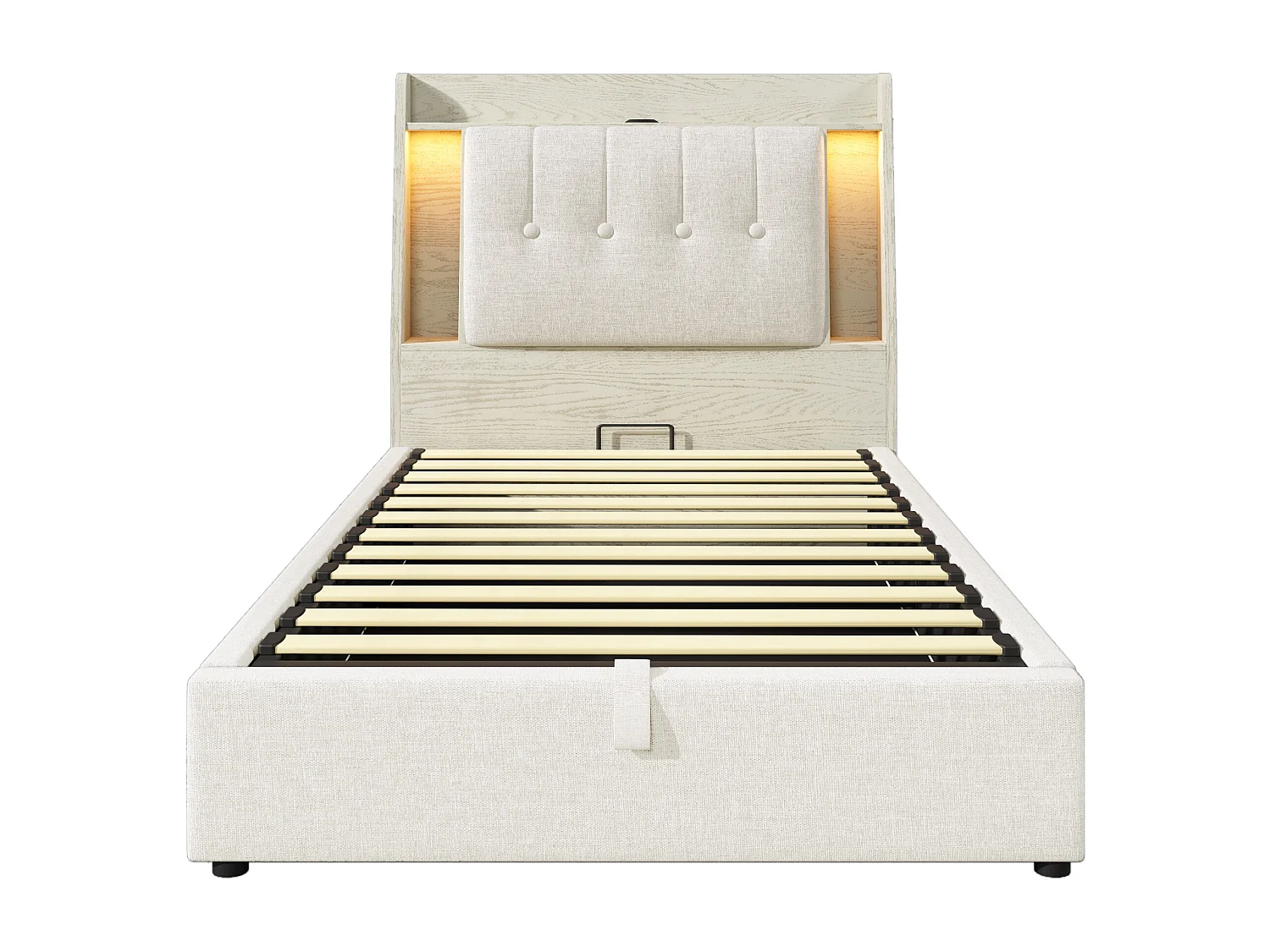 Opbergbed 90x200 cm met LED-, USB- en Type-C-poorten - Opvouwbaar hoofdeinde met opbergruimte - Beige linnen stof