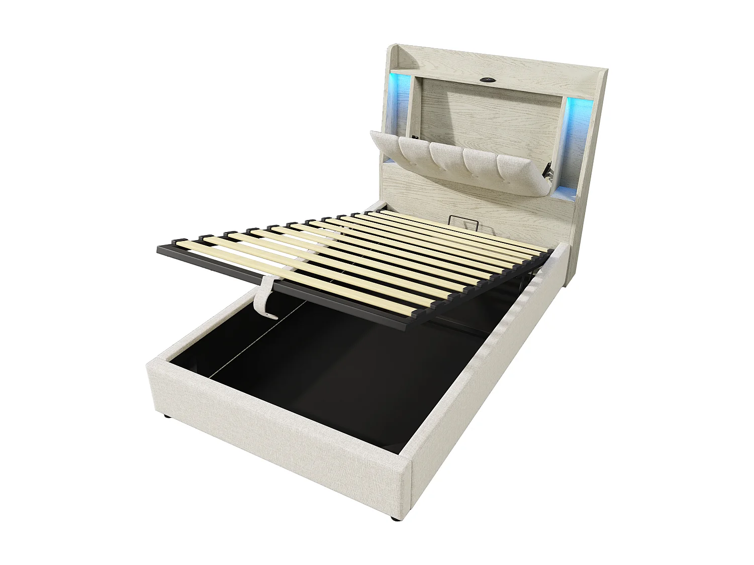 Opbergbed 90x200 cm met LED-, USB- en Type-C-poorten - Opvouwbaar hoofdeinde met opbergruimte - Beige linnen stof