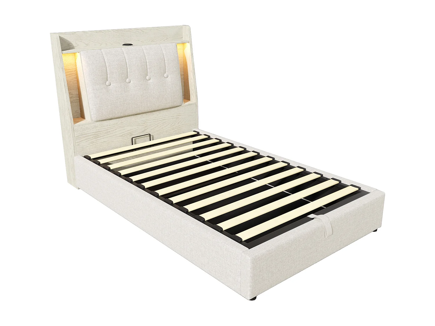 Opbergbed 90x200 cm met LED-, USB- en Type-C-poorten - Opvouwbaar hoofdeinde met opbergruimte - Beige linnen stof