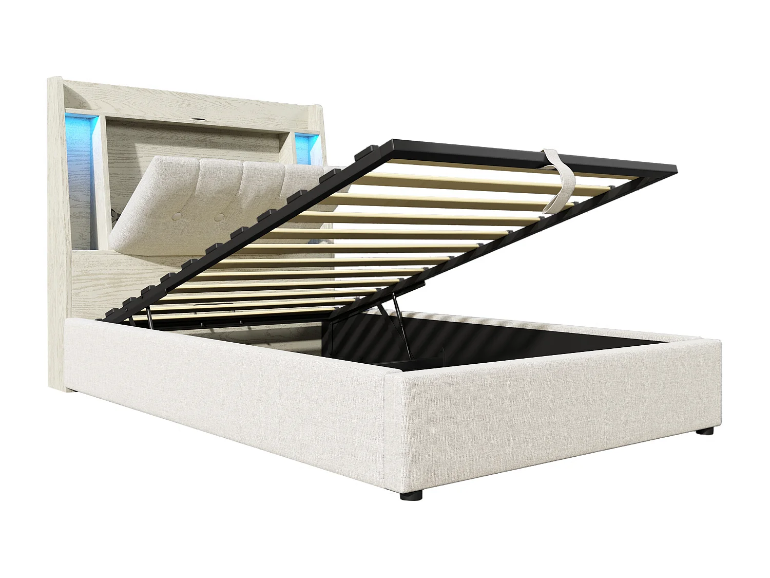 Opbergbed 90x200 cm met LED-, USB- en Type-C-poorten - Opvouwbaar hoofdeinde met opbergruimte - Beige linnen stof