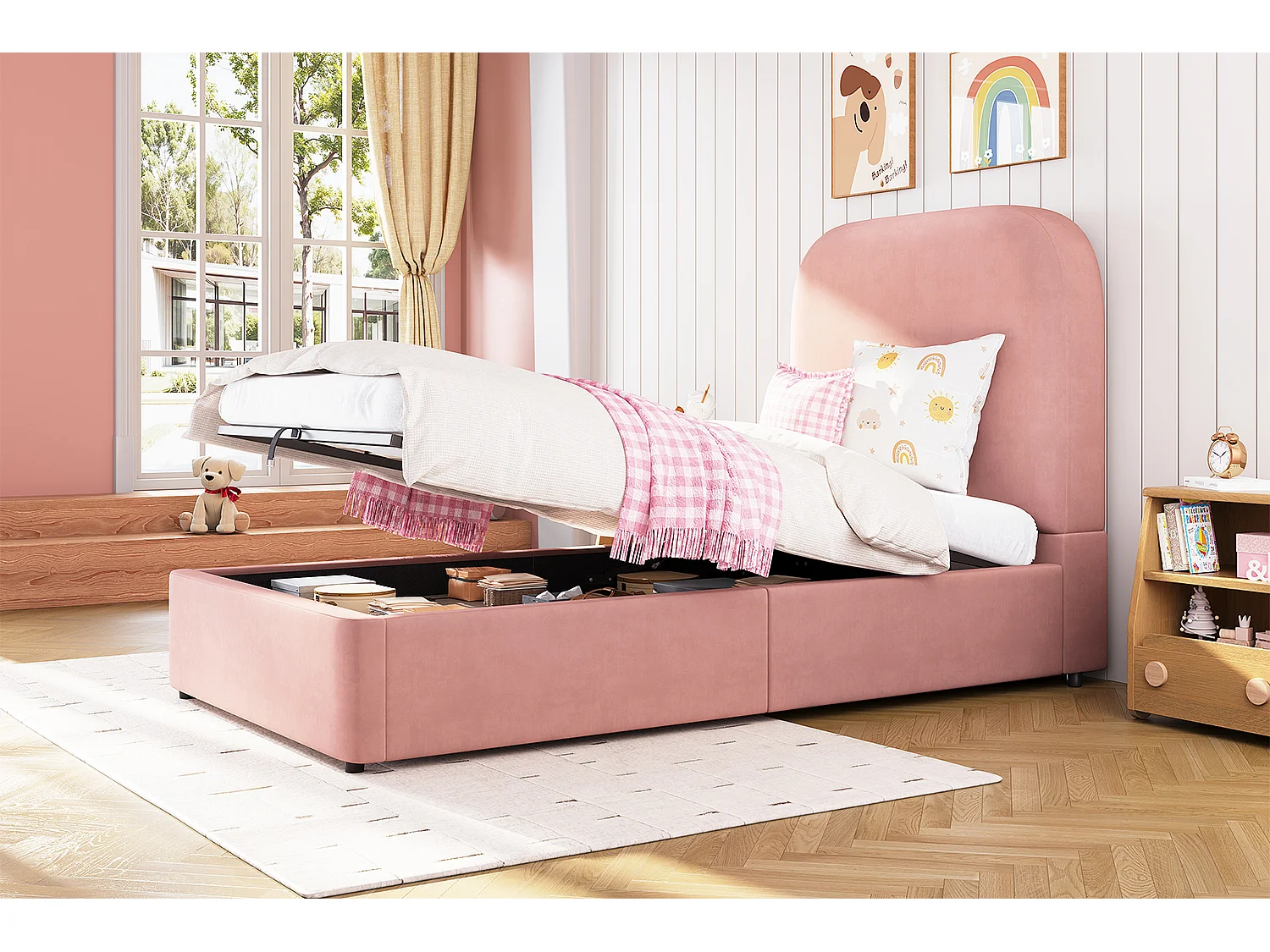 Lit coffre simple 90x200cm avec tête de lit capitonnée - Lit enfant - Velours rose