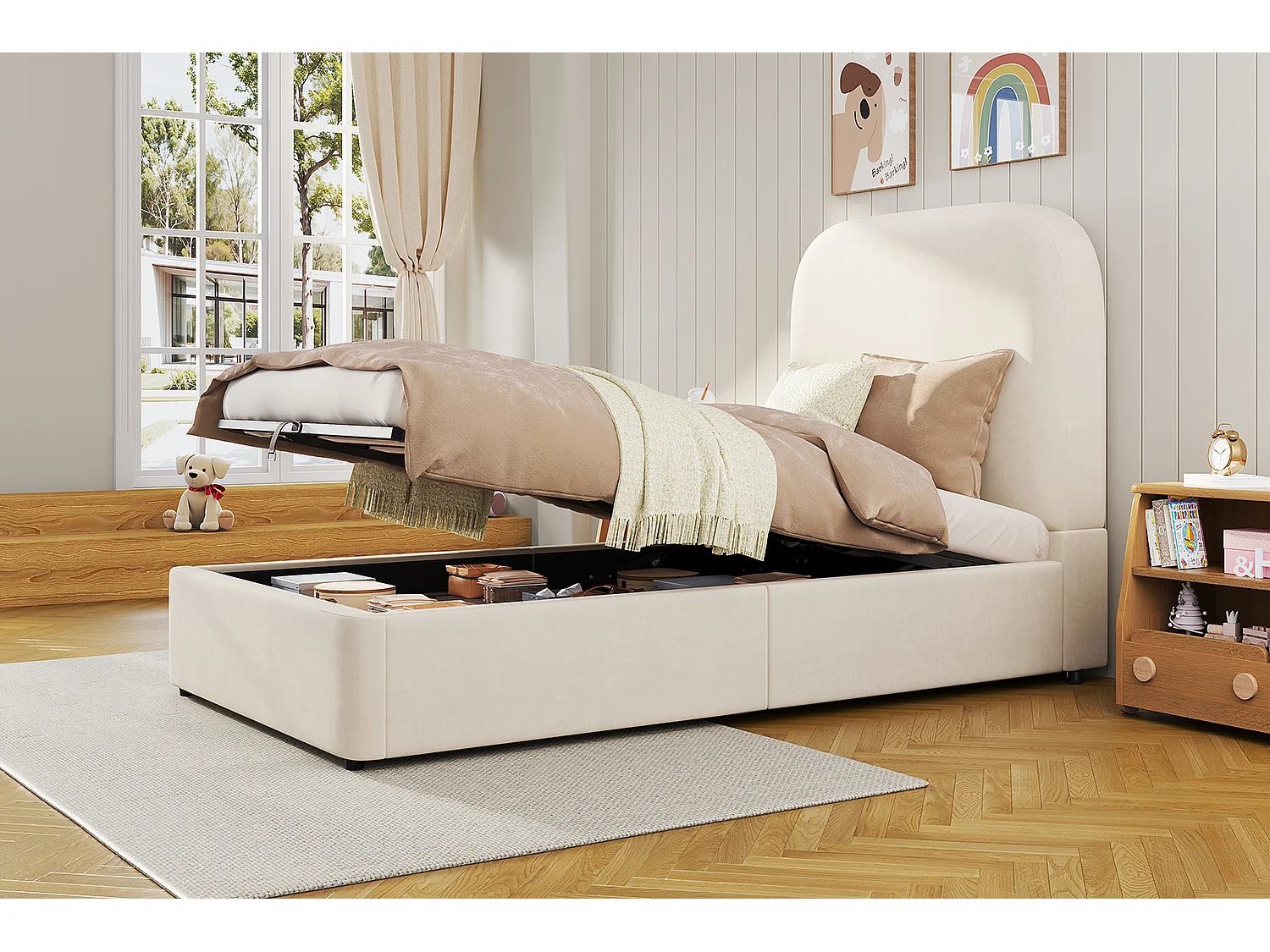 Lit coffre simple 90x200cm avec tête de lit capitonnée - Lit enfant - Velours beige
