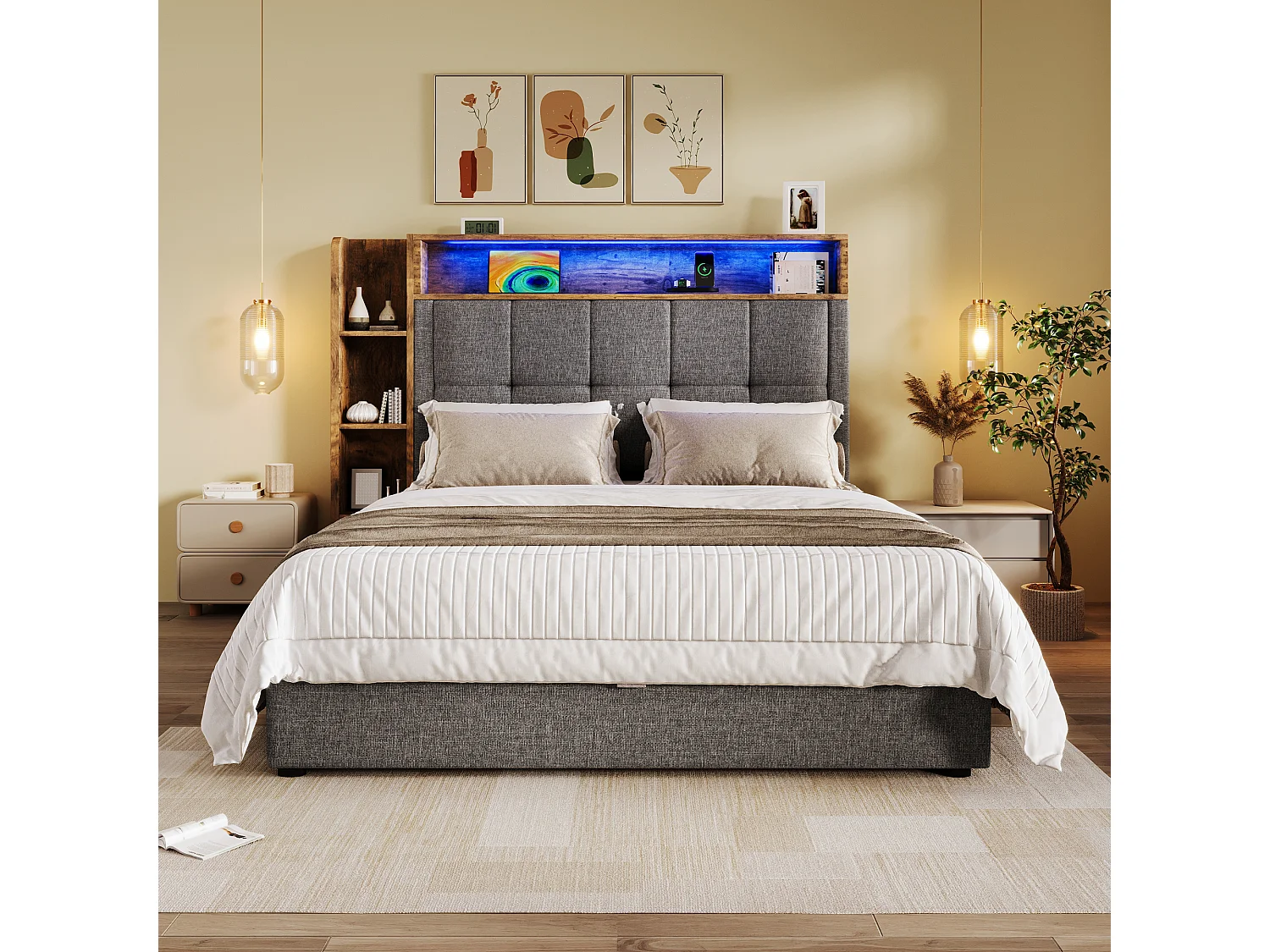 Opbergbed 90x200 cm met LED, USB, Type-C en opbergruimte - Grijze linnen stof