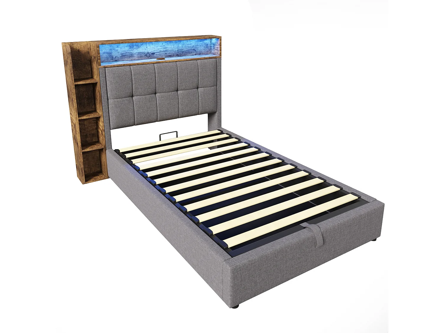 Opbergbed 90x200 cm met LED, USB, Type-C en opbergruimte - Grijze linnen stof