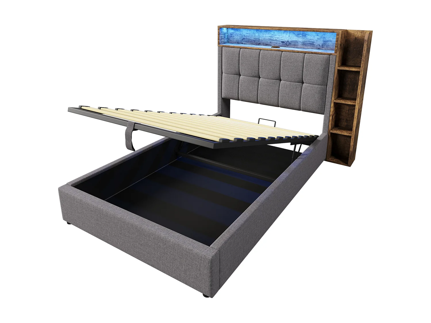 Opbergbed 90x200 cm met LED, USB, Type-C en opbergruimte - Grijze linnen stof
