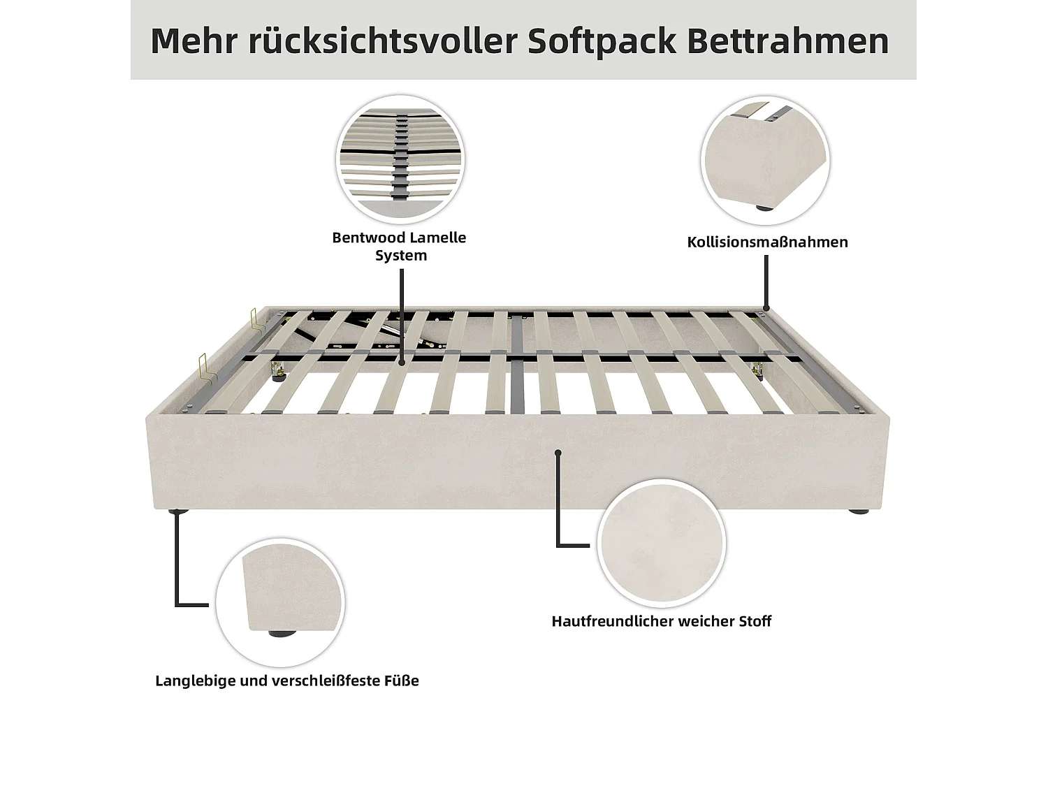 Tweepersoonsbed met opbergruimte 160x200cm - Zonder hoofdbord en matras - Beige fluweel