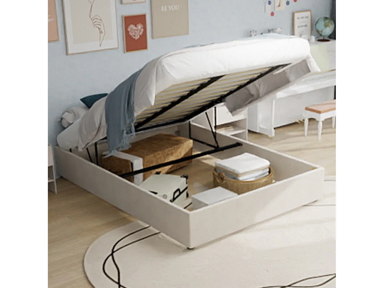 Tweepersoonsbed met opbergruimte 160x200cm - Zonder hoofdbord en matras - Beige fluweel
