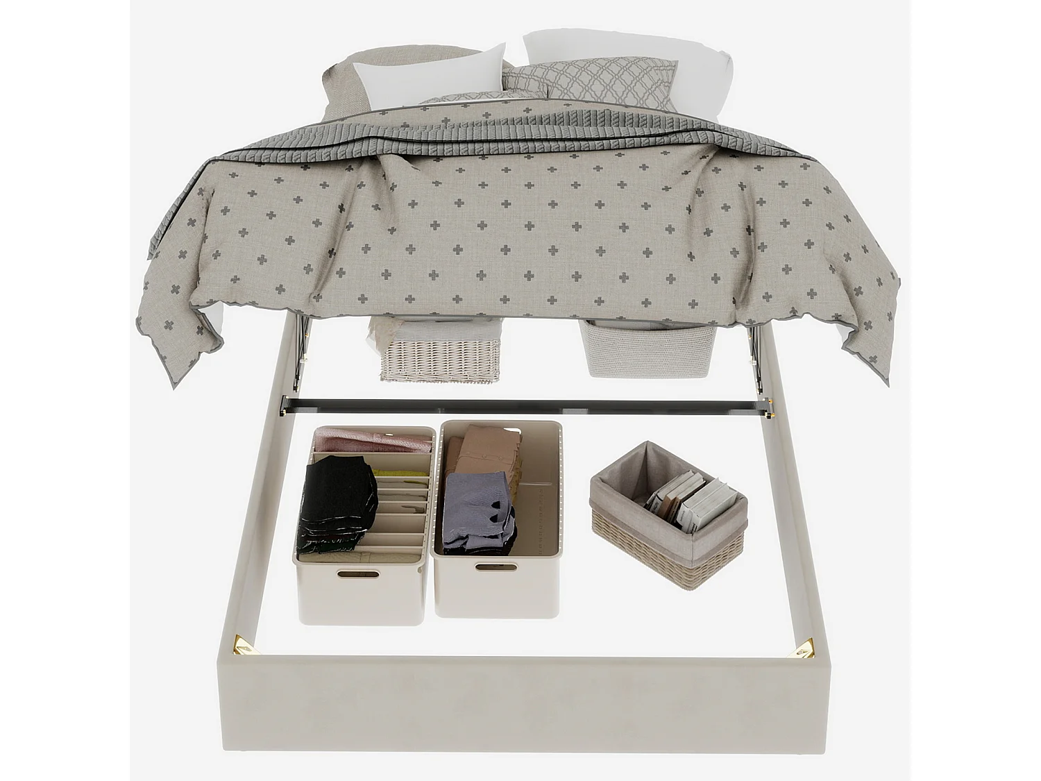 Tweepersoonsbed met opbergruimte 160x200cm - Zonder hoofdbord en matras - Beige fluweel