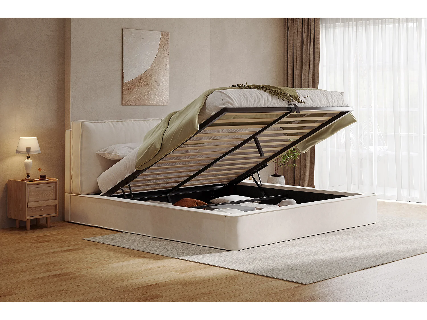 Lit coffre double 180 x 200 cm avec sommier à lattes - Lit capitonnée en chenille beige