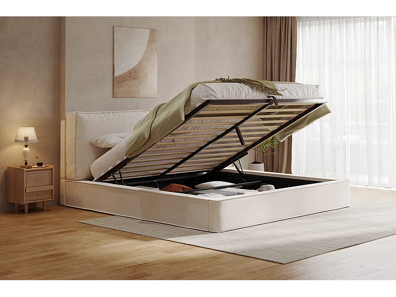 Lit coffre double 180 x 200 cm avec sommier à lattes - Lit capitonnée en chenille beige