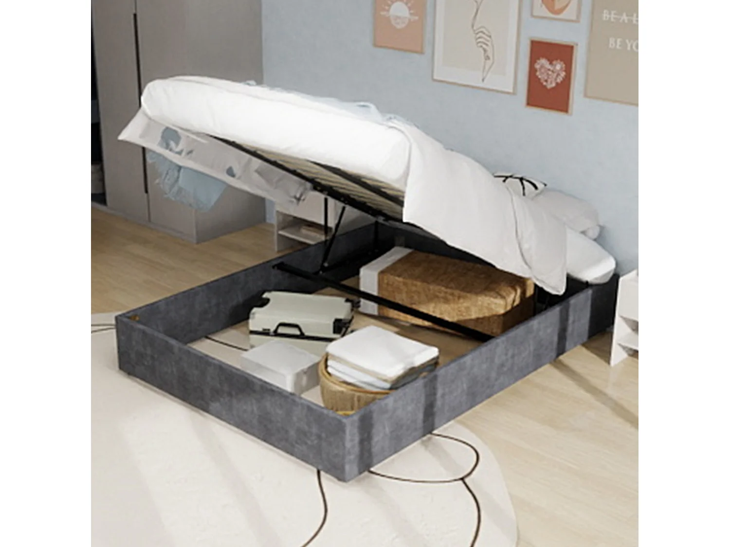 Tweepersoonsbed met opbergruimte 160x200cm - Zonder hoofdbord en matras - Grijs fluweel