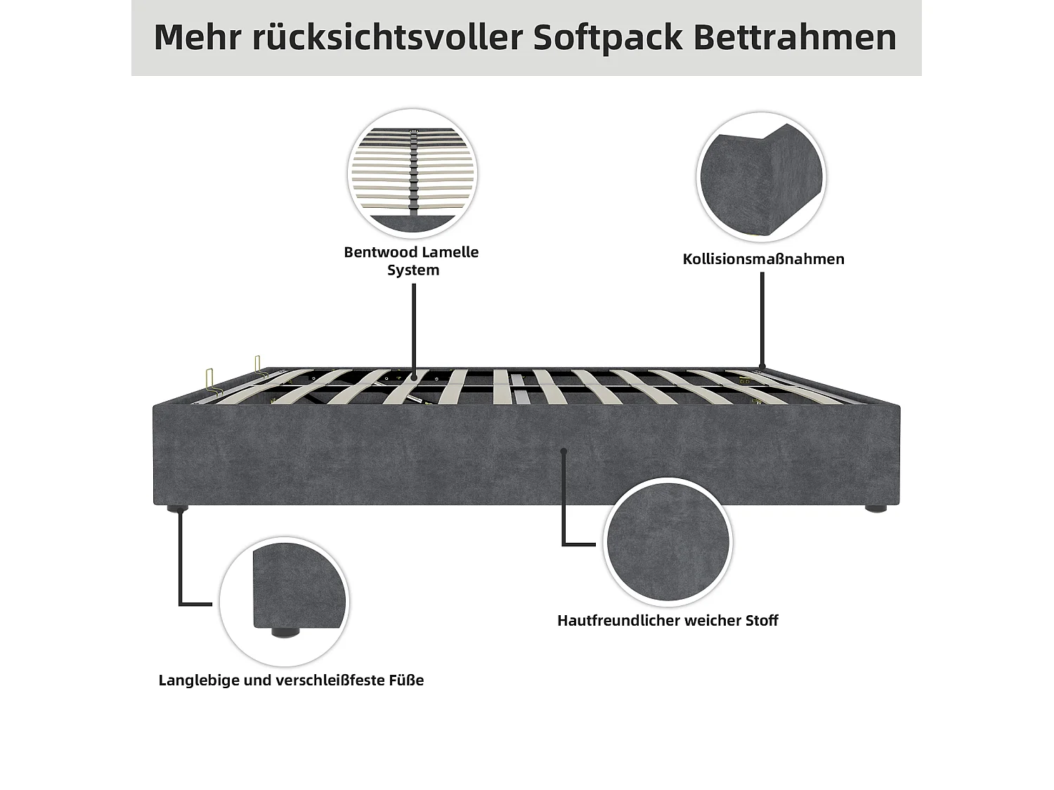 Tweepersoonsbed met opbergruimte 160x200cm - Zonder hoofdbord en matras - Grijs fluweel