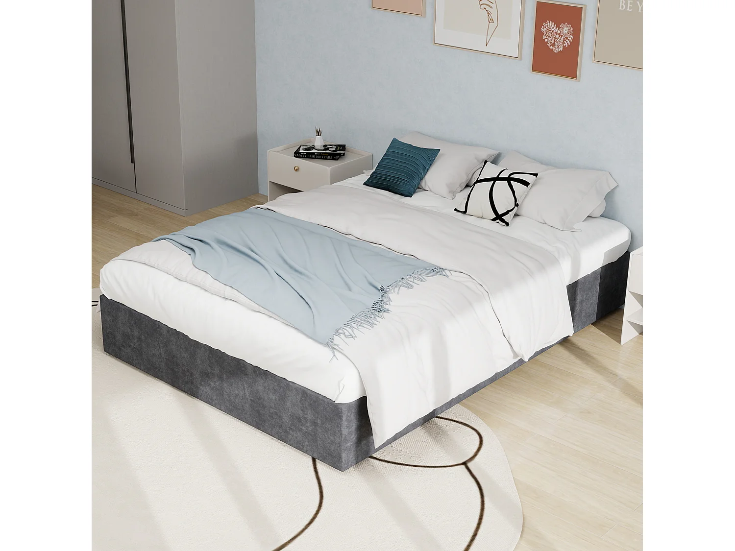 Tweepersoonsbed met opbergruimte 160x200cm - Zonder hoofdbord en matras - Grijs fluweel