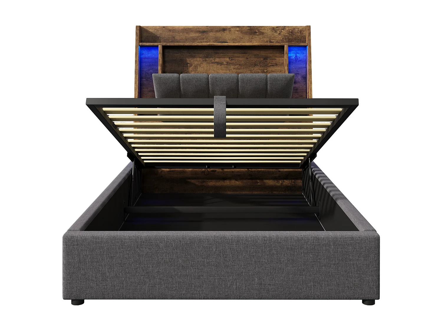 Opbergbed 90x200 cm met LED-, USB- en Type-C-poorten - Opklapbaar hoofdeinde met opbergruimte - Grijze linnen stof