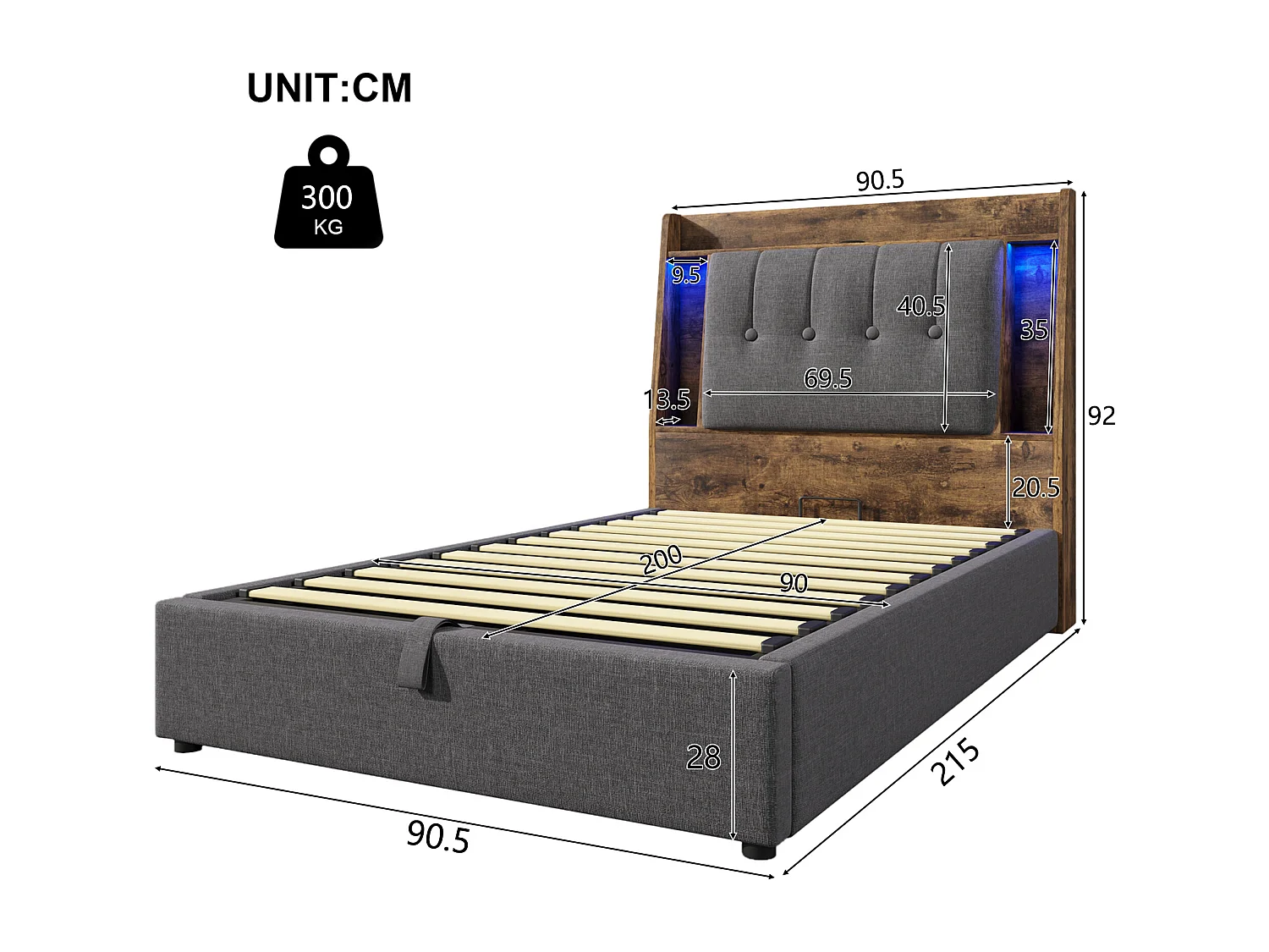 Opbergbed 90x200 cm met LED-, USB- en Type-C-poorten - Opklapbaar hoofdeinde met opbergruimte - Grijze linnen stof