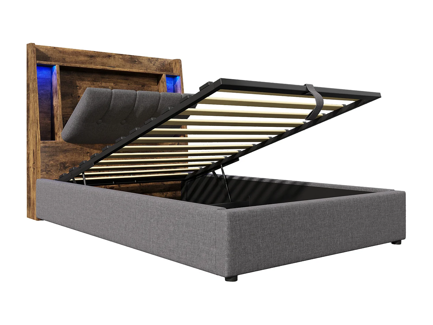 Opbergbed 90x200 cm met LED-, USB- en Type-C-poorten - Opklapbaar hoofdeinde met opbergruimte - Grijze linnen stof