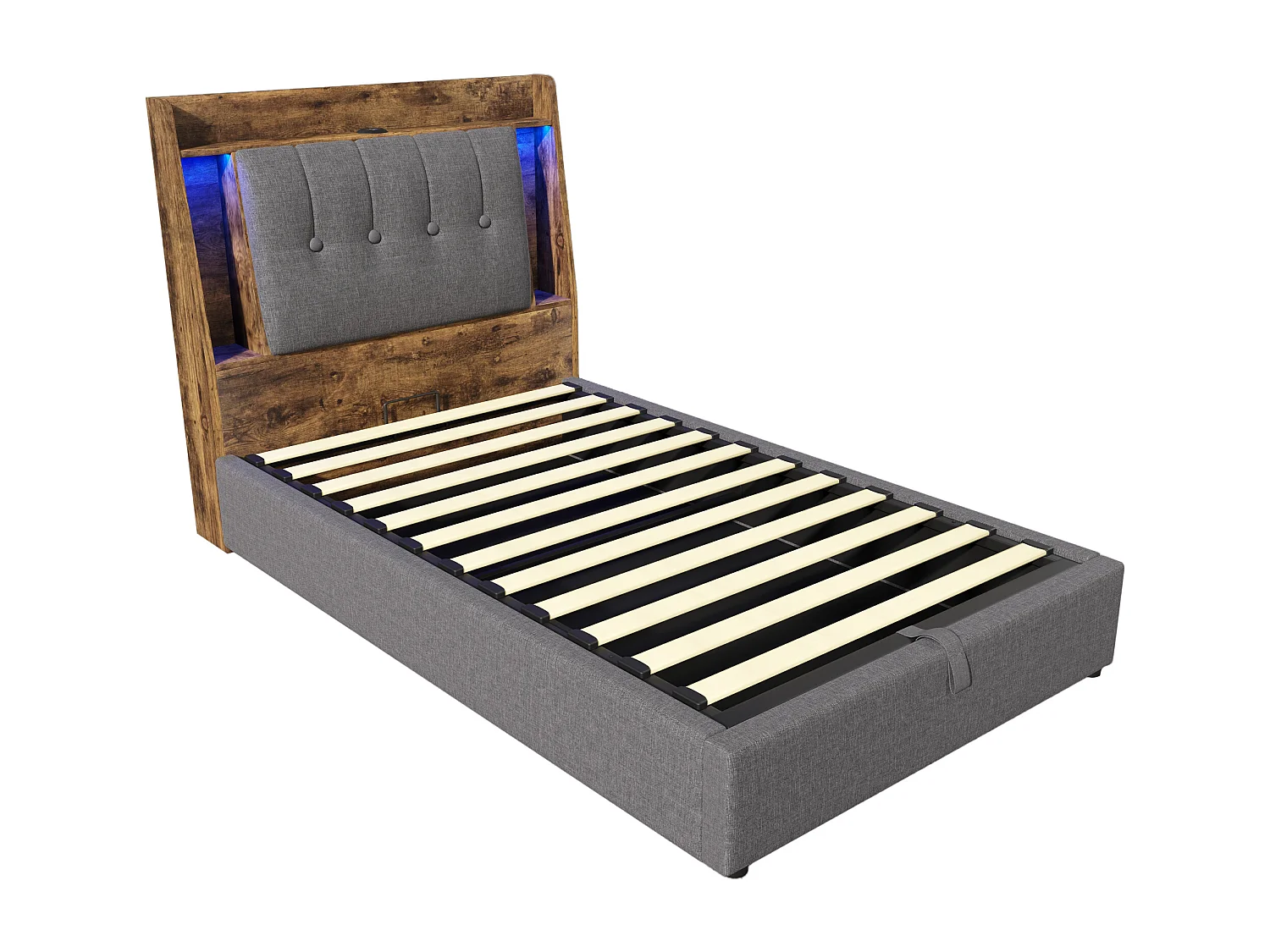 Opbergbed 90x200 cm met LED-, USB- en Type-C-poorten - Opklapbaar hoofdeinde met opbergruimte - Grijze linnen stof