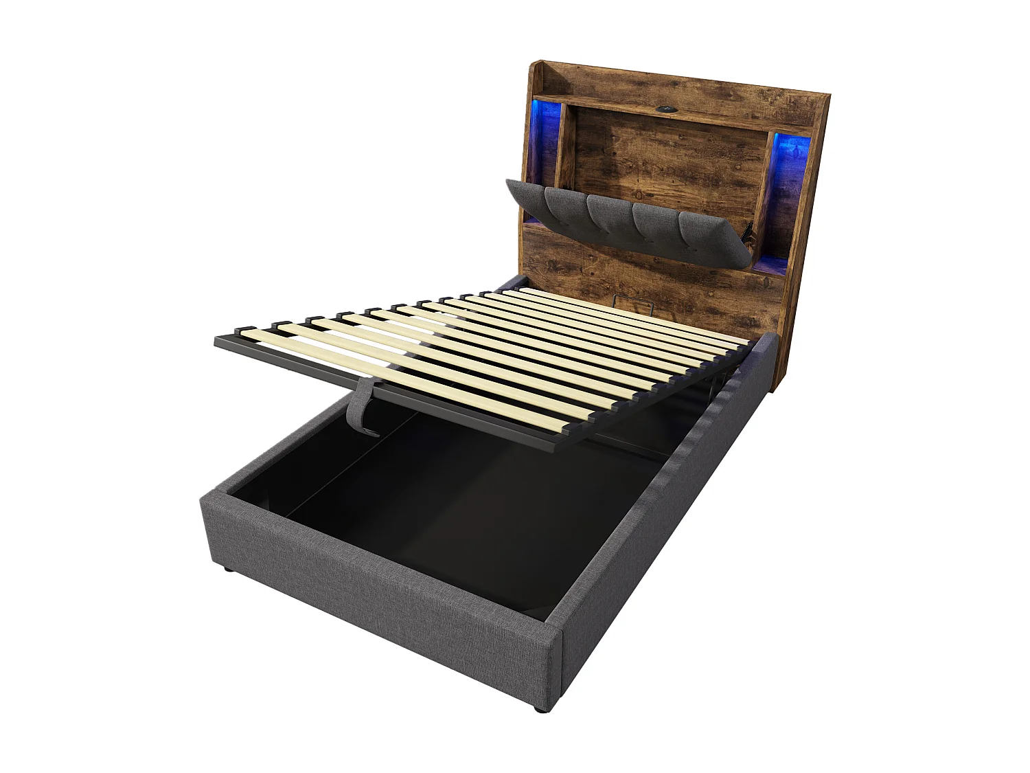 Opbergbed 90x200 cm met LED-, USB- en Type-C-poorten - Opklapbaar hoofdeinde met opbergruimte - Grijze linnen stof