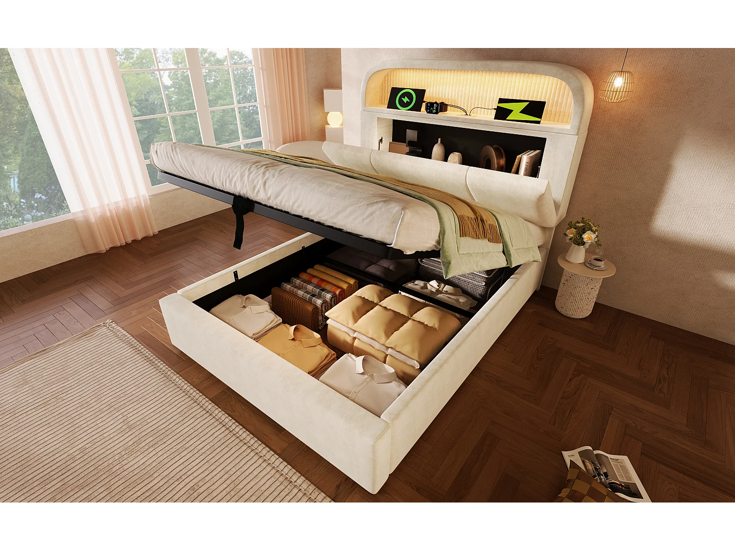 Lit coffre 90x200 cm avec LED, USB，Type-C - Tête de lit de rangement réglable hauteur - Velours beige