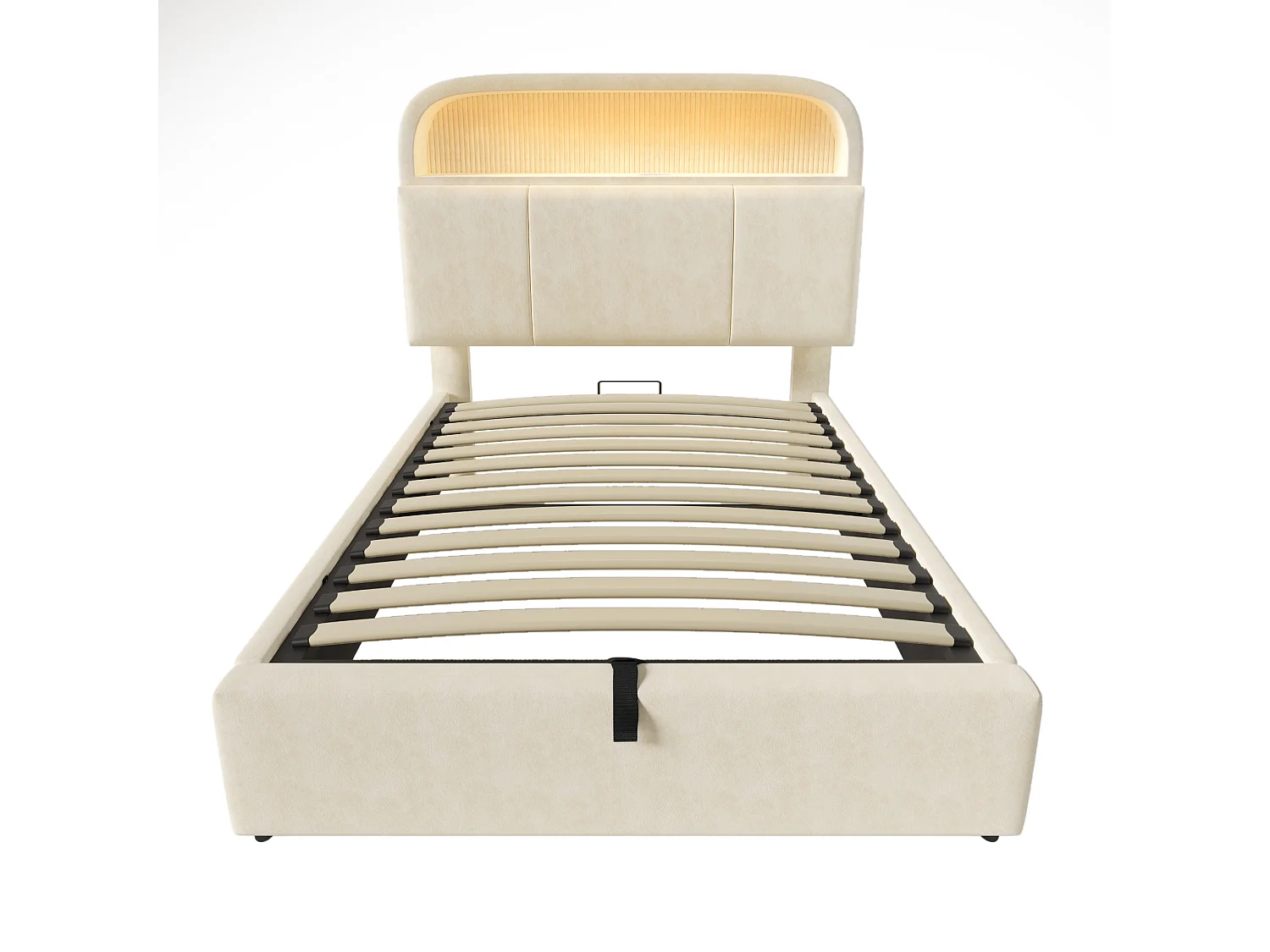 Bed met opbergruimte, 90x200 cm, LED, USB, Type-C - In hoogte verstelbaar hoofdeinde met opbergruimte - Beige fluweel