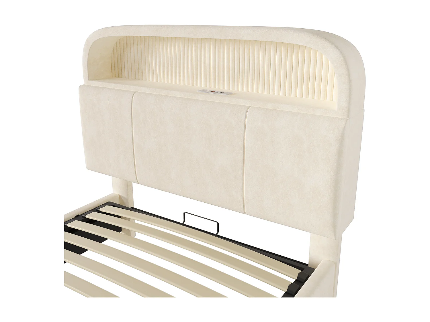 Bed met opbergruimte, 90x200 cm, LED, USB, Type-C - In hoogte verstelbaar hoofdeinde met opbergruimte - Beige fluweel