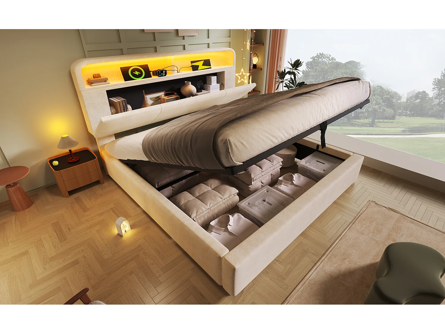 Lit coffre 180x200 cm avec LED, USB，Type-C - Tête de lit de rangement réglable hauteur - Velours beige