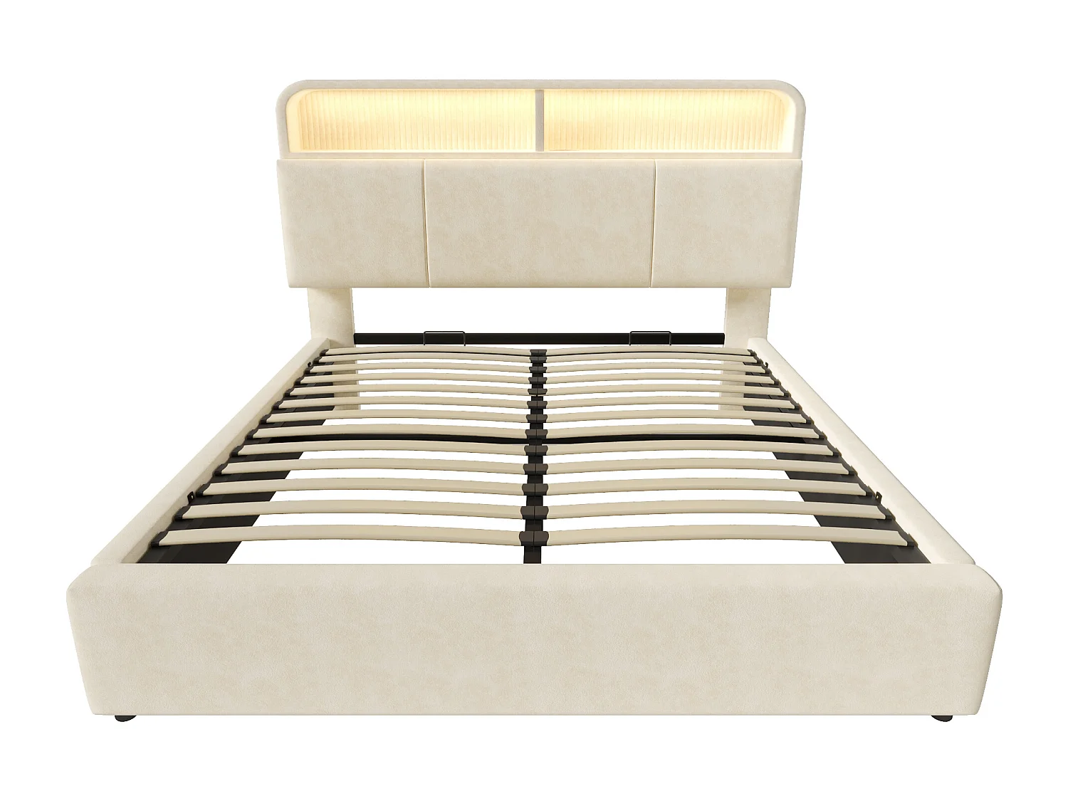 Bed met opbergruimte, 180x200 cm, LED, USB, Type-C - In hoogte verstelbaar hoofdeinde met opbergruimte - Beige fluweel