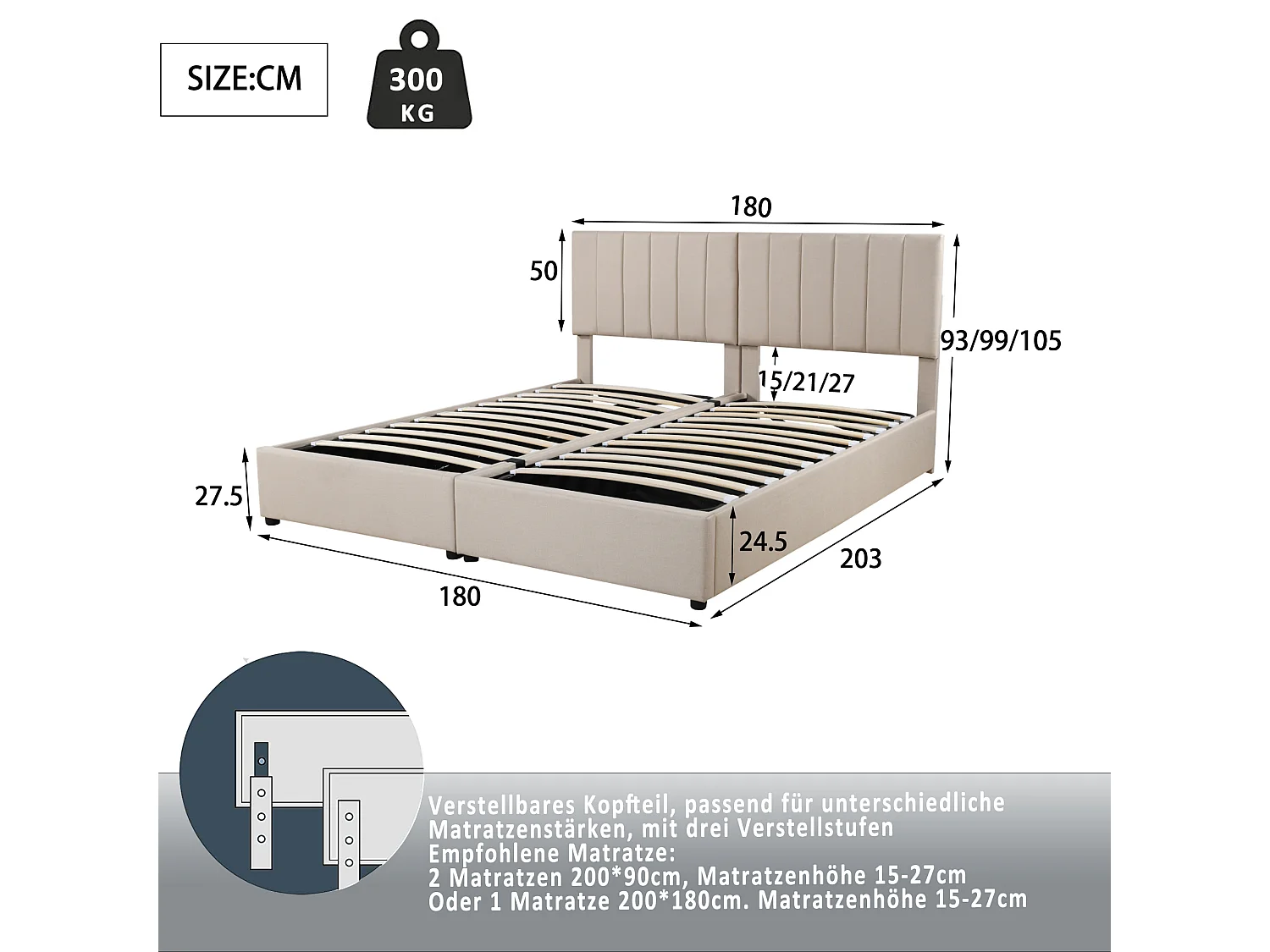 Lit double coffre adulte 180x200cm convertible en lit enfant 2 x 90x 200cm - Tissu lin beige