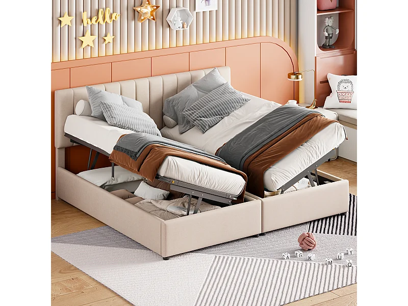 Lit double coffre adulte 180x200cm convertible en lit enfant 2 x 90x 200cm - Tissu lin beige