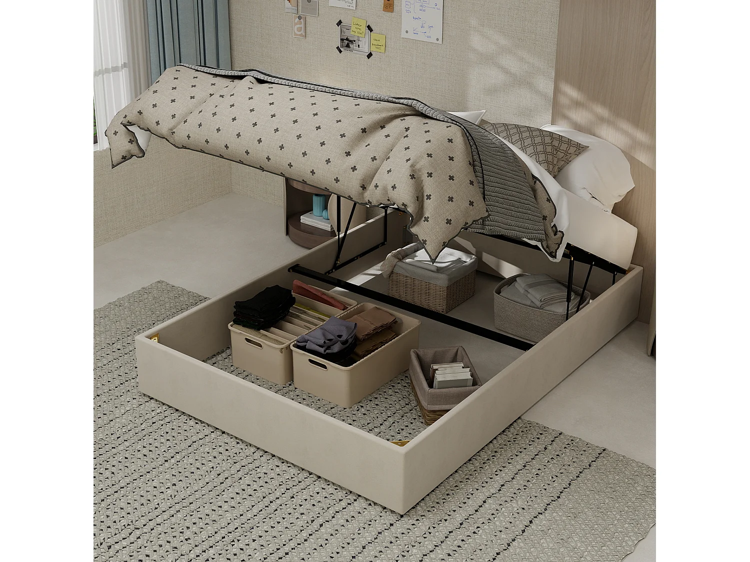 Tweepersoonsbed met opbergruimte 140x200cm - Zonder hoofdbord en matras - Beige fluweel