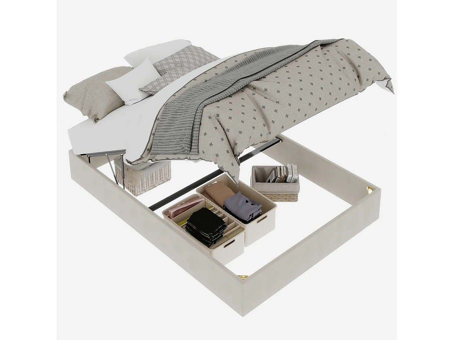 Tweepersoonsbed met opbergruimte 140x200cm - Zonder hoofdbord en matras - Beige fluweel