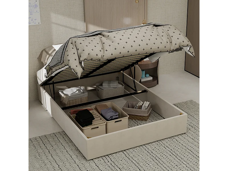 Cama doble con canapé 140x200cm - Sin cabecero ni colchón - Terciopelo beige