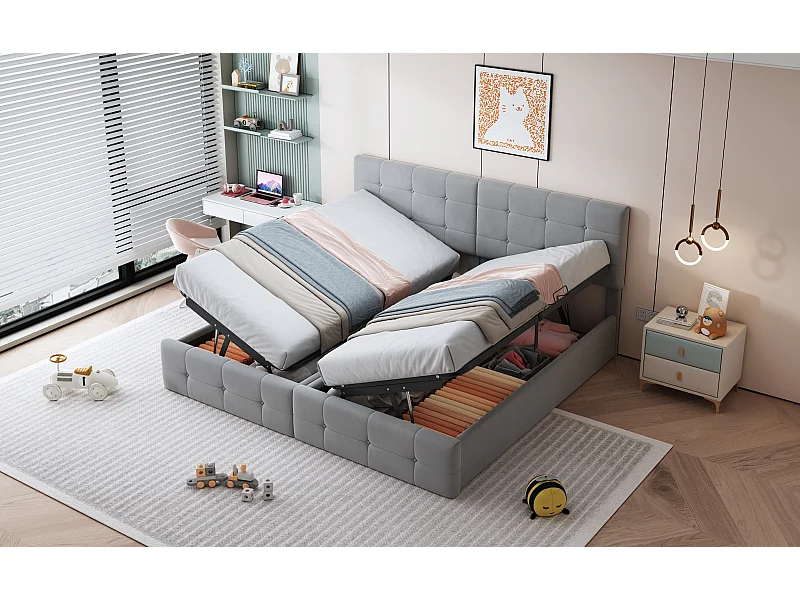 Tweepersoonsbed met opbergruimte 180x200cm, omvormbaar tot kinderbed (2 x 90x200cm) - Grijs fluweel