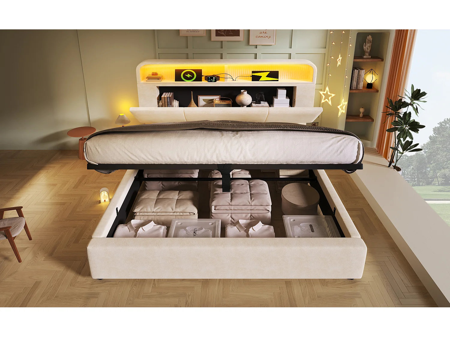 Lit coffre 160x200 cm avec LED, USB，Type-C - Tête de lit de rangement réglable hauteur - Velours beige