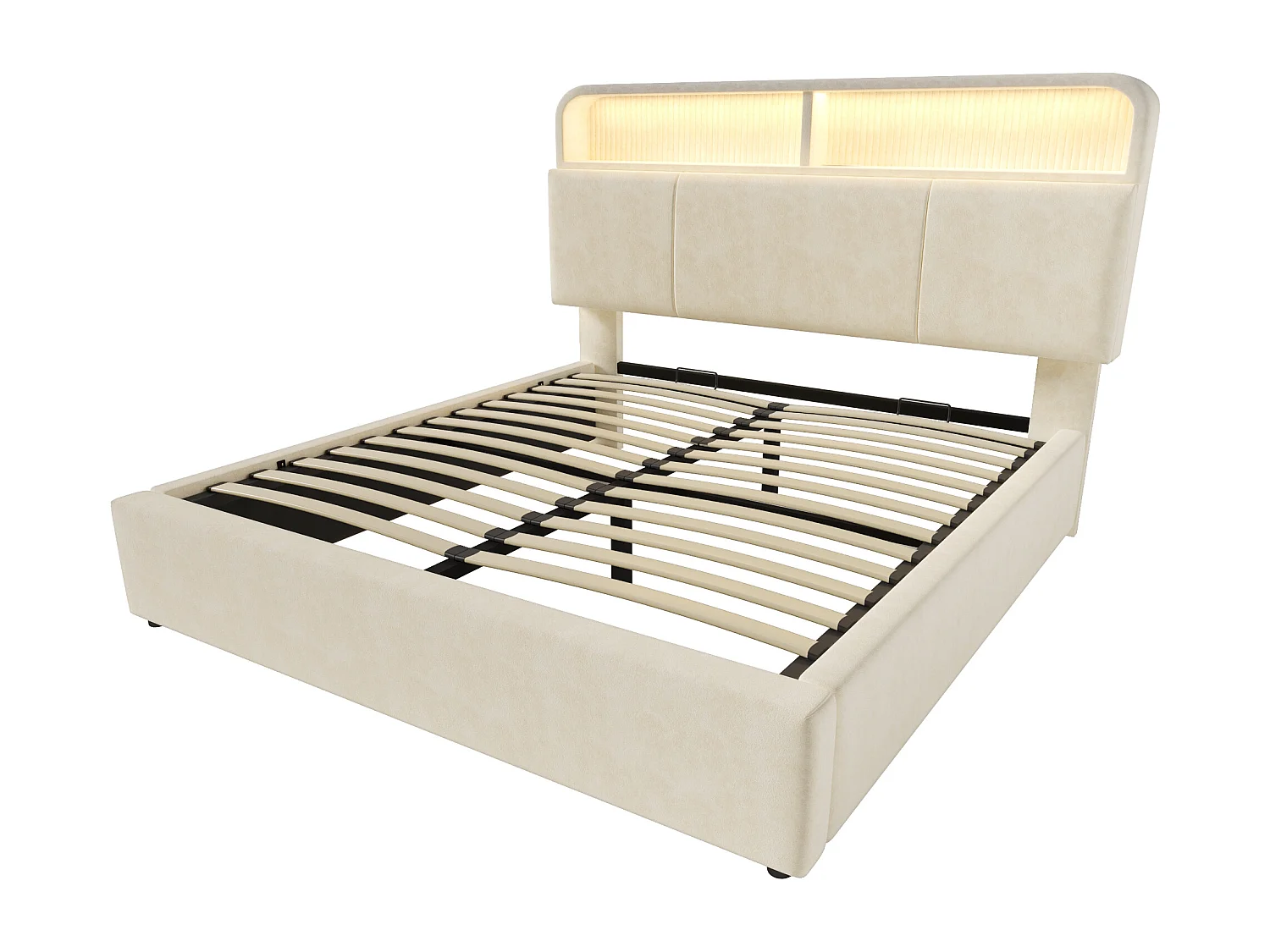 Lit coffre 160x200 cm avec LED, USB，Type-C - Tête de lit de rangement réglable hauteur - Velours beige