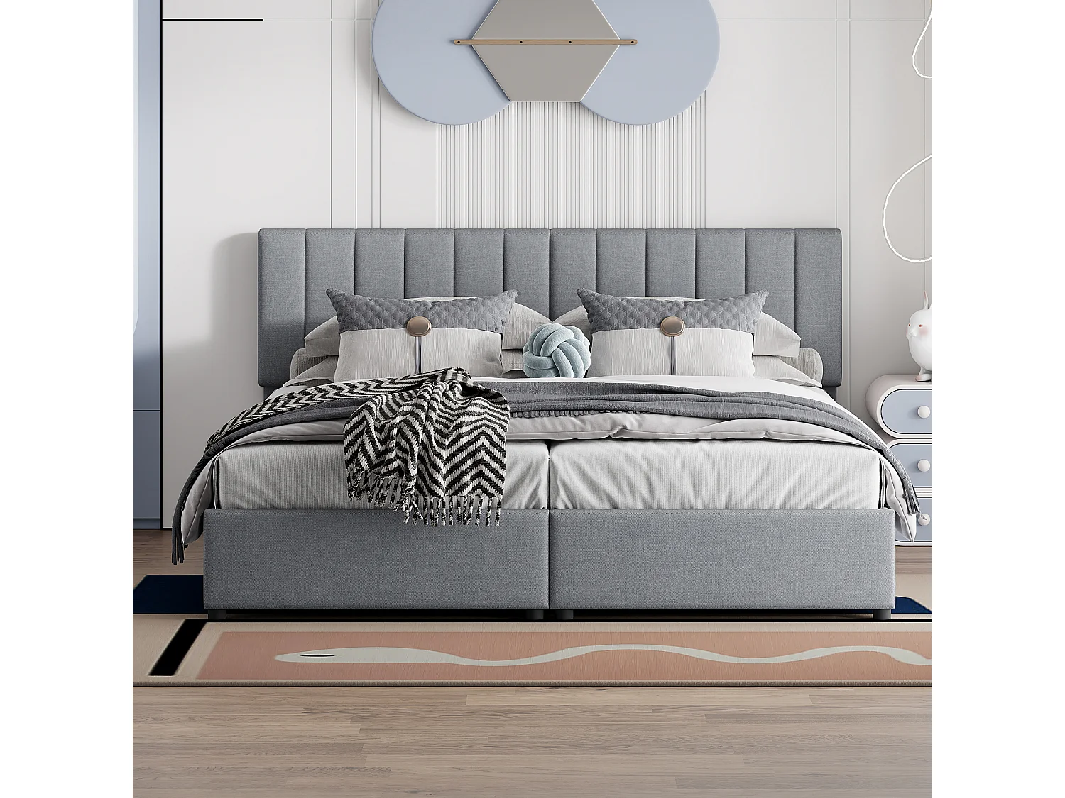 Lit double coffre adulte 180x200cm convertible en lit enfant 2 x 90x 200cm - Tissu lin gris