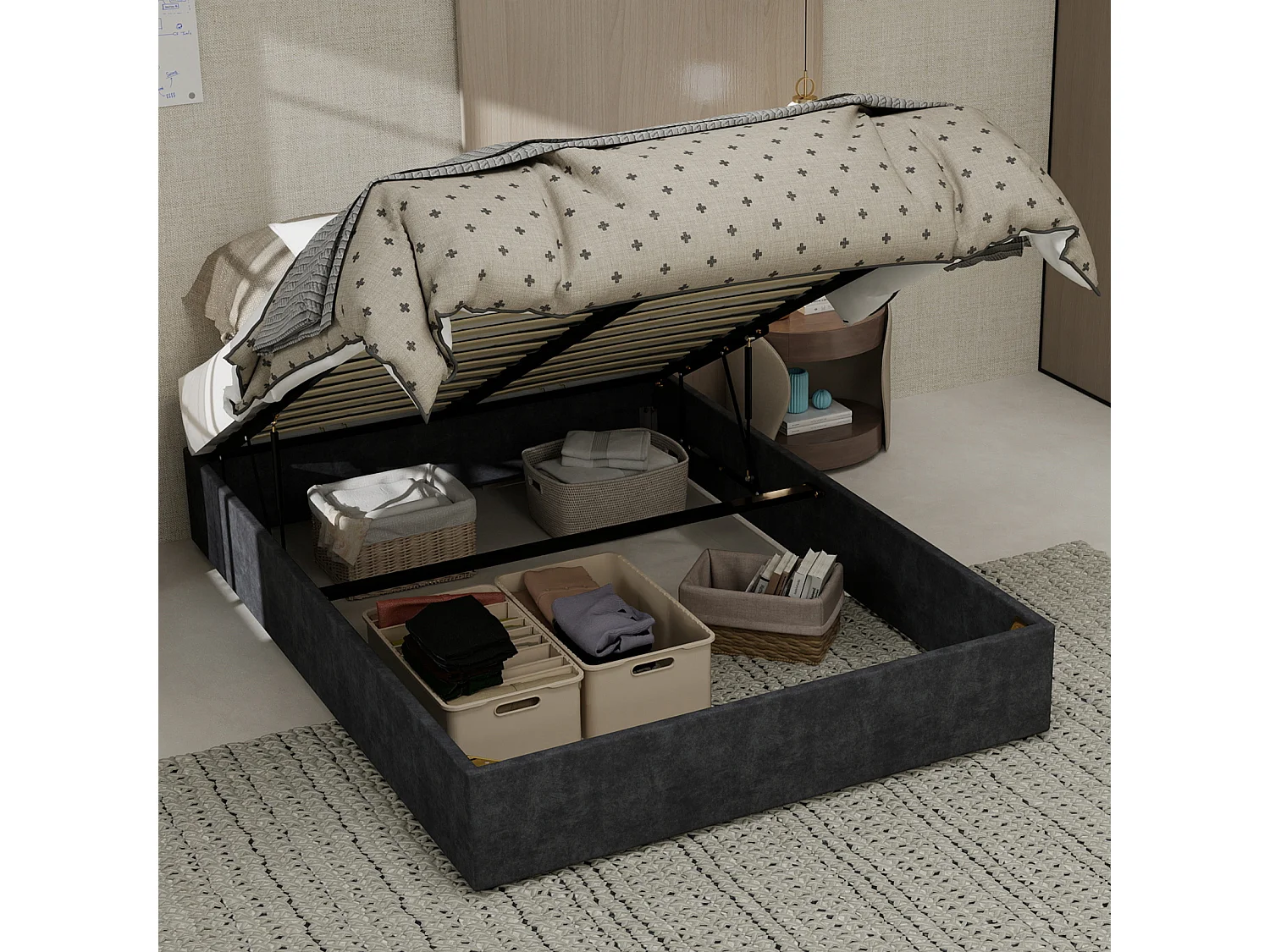 Letto matrimoniale con contenitore 140x200cm - Senza testiera e materasso - Velluto grigio