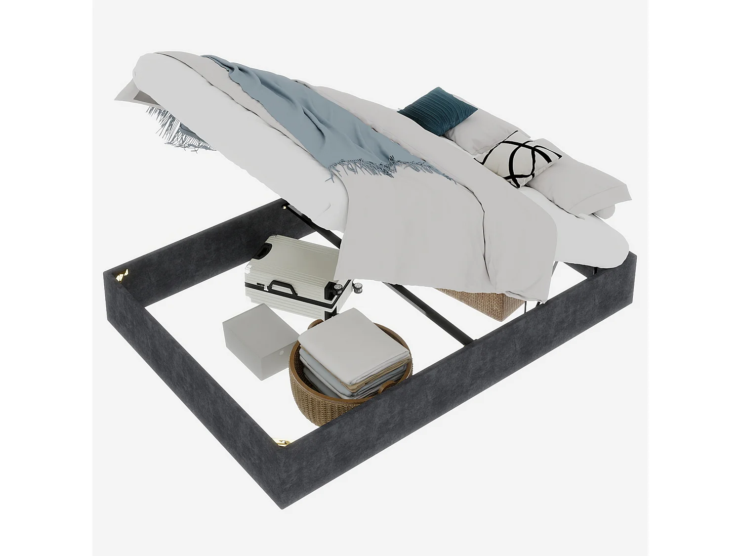 Letto matrimoniale con contenitore 140x200cm - Senza testiera e materasso - Velluto grigio