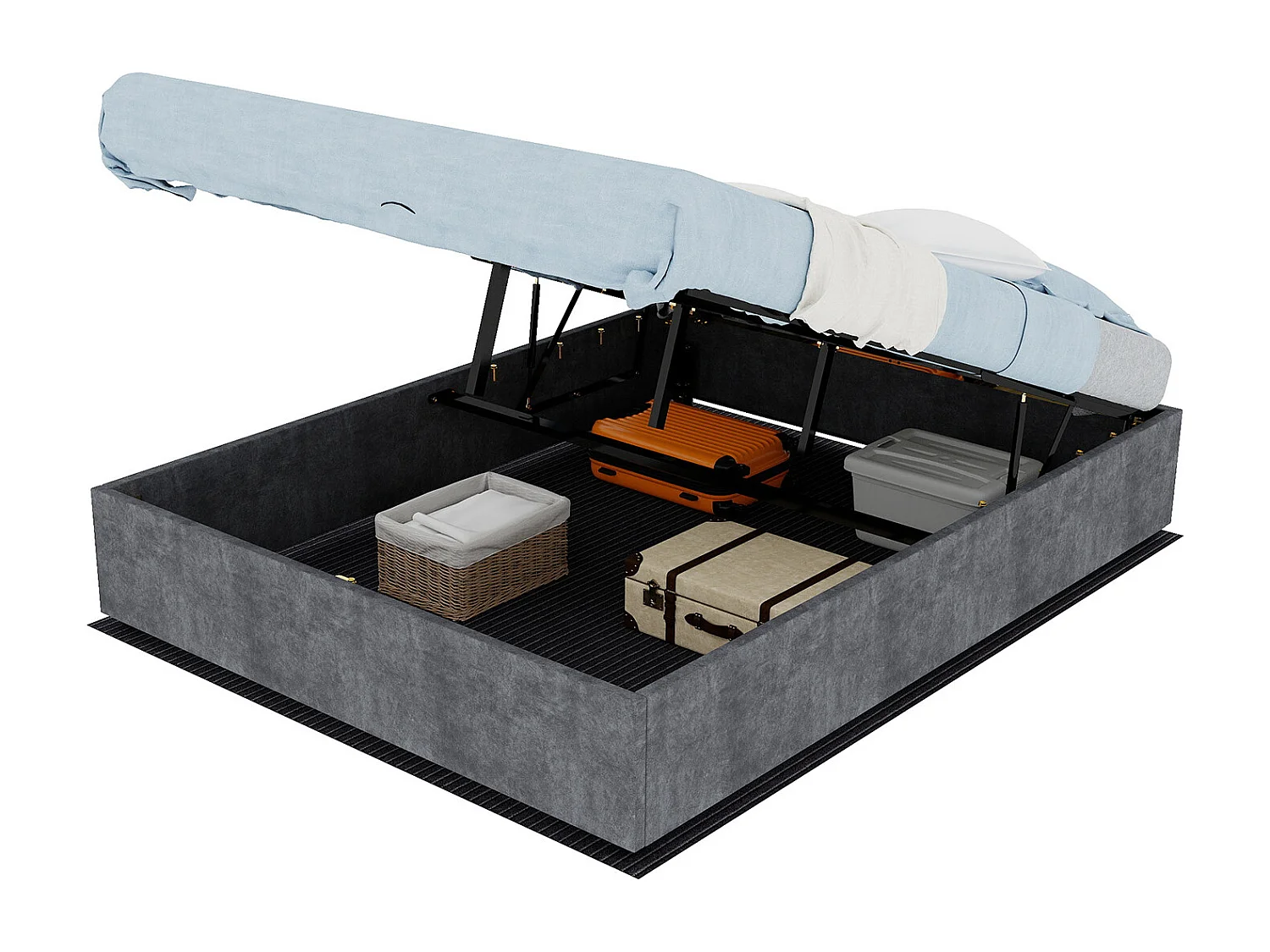 Lit double coffre 140x200cm - Sans tête de lit et matelas - Velours gris