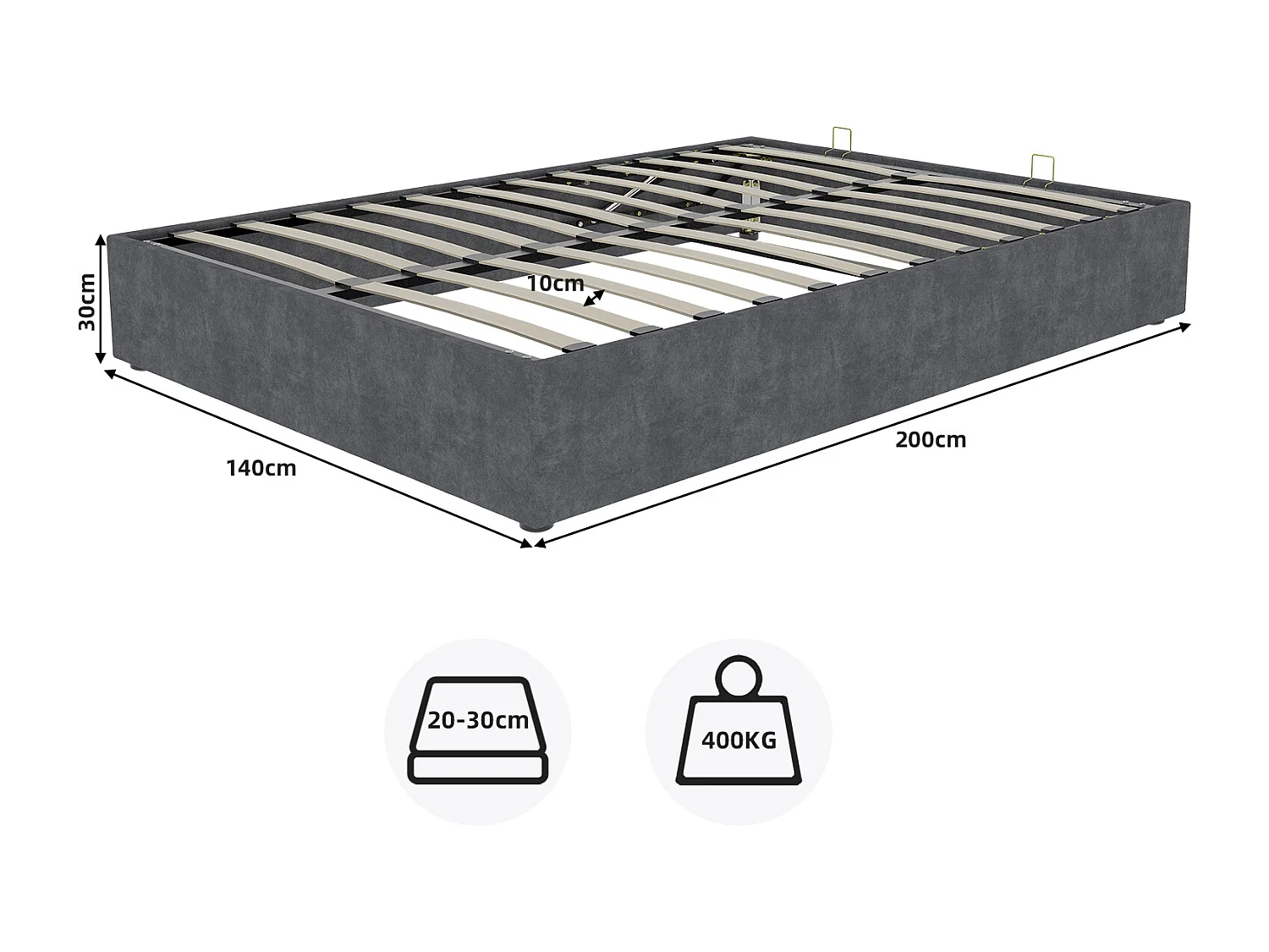 Lit double coffre 140x200cm - Sans tête de lit et matelas - Velours gris