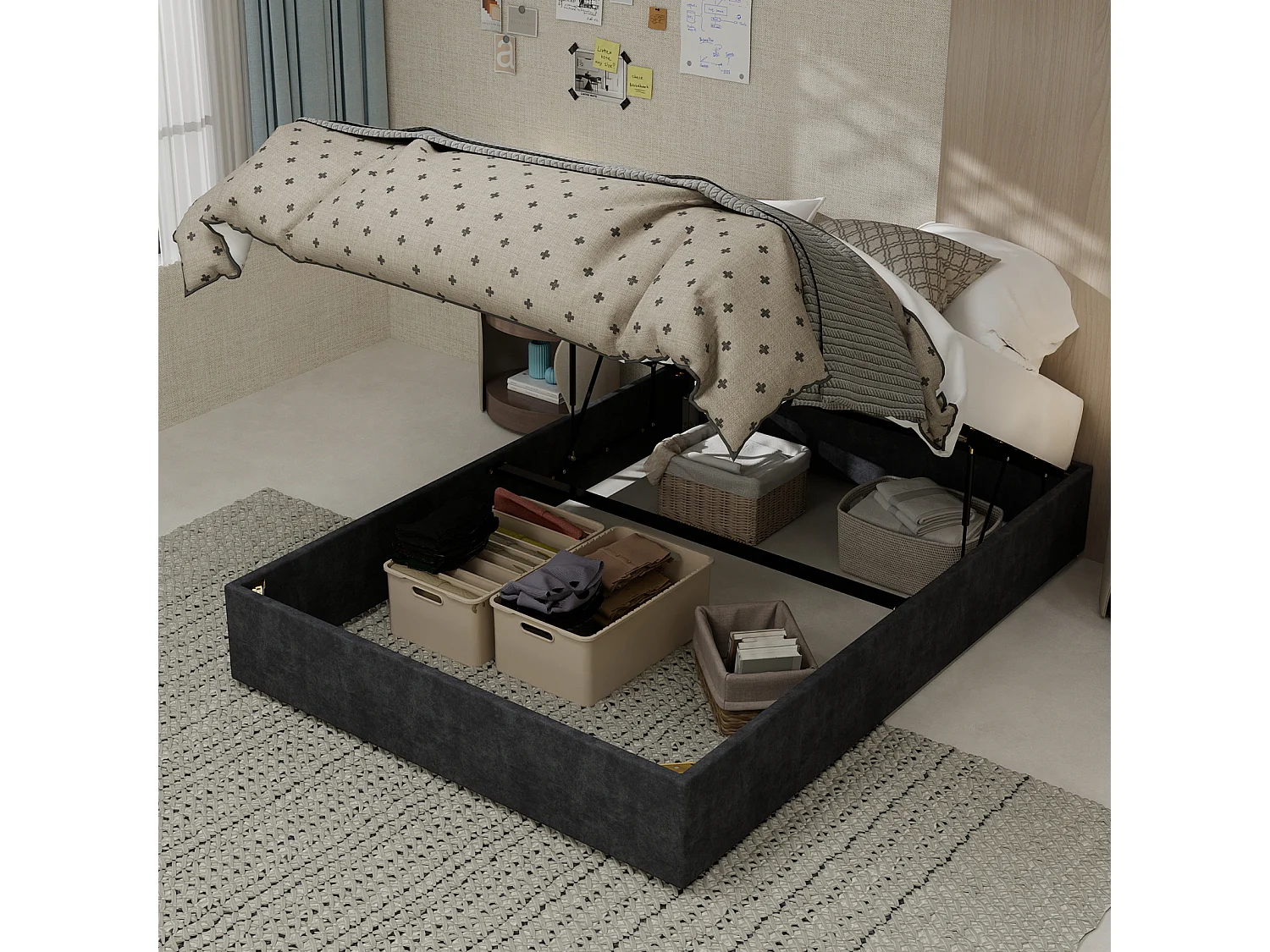 Lit double coffre 140x200cm - Sans tête de lit et matelas - Velours gris