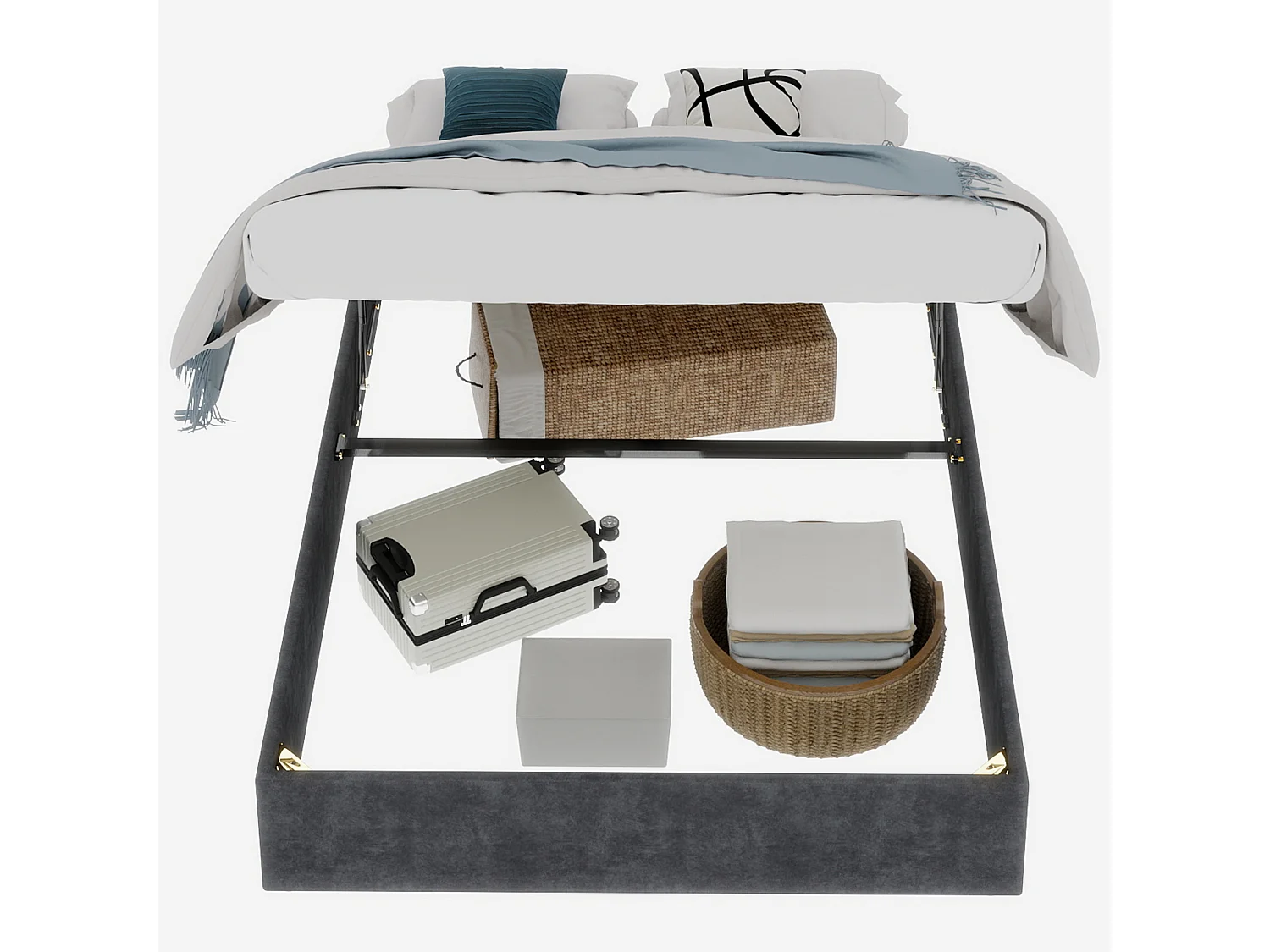 Lit double coffre 140x200cm - Sans tête de lit et matelas - Velours gris