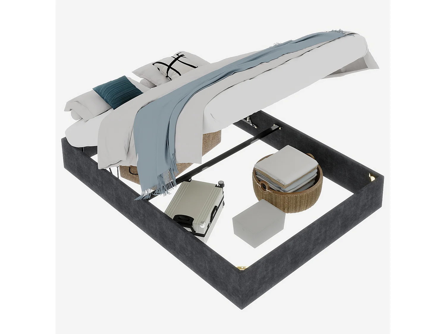 Lit double coffre 140x200cm - Sans tête de lit et matelas - Velours gris