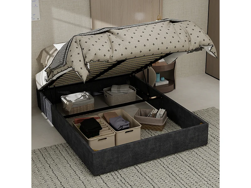 Letto matrimoniale con contenitore 140x200cm - Senza testiera e materasso - Velluto grigio