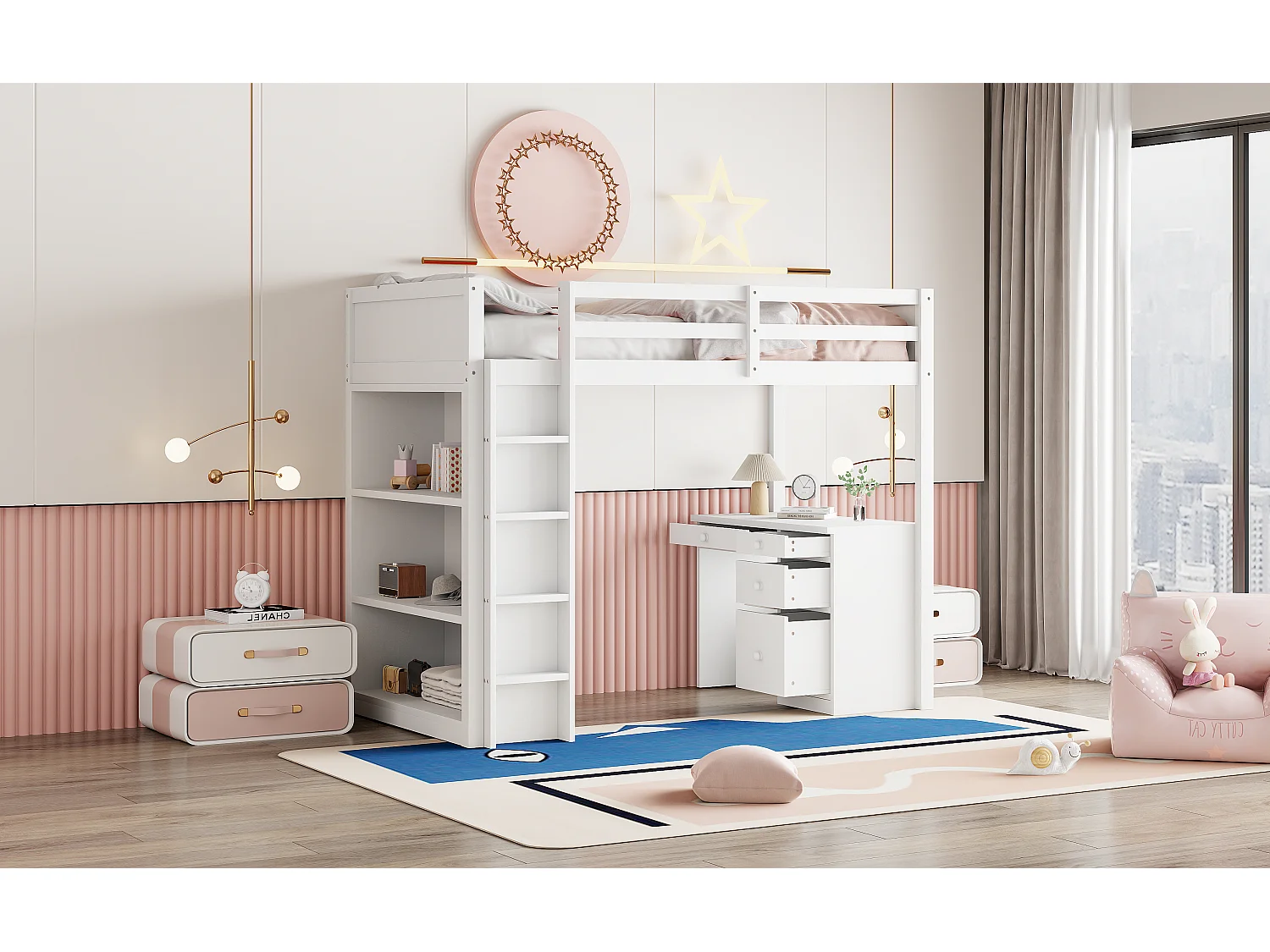 Letto a soppalco per bambini 90 x 200 cm con 4 cassetti, scrivania e armadio contenitore - Legno bianco